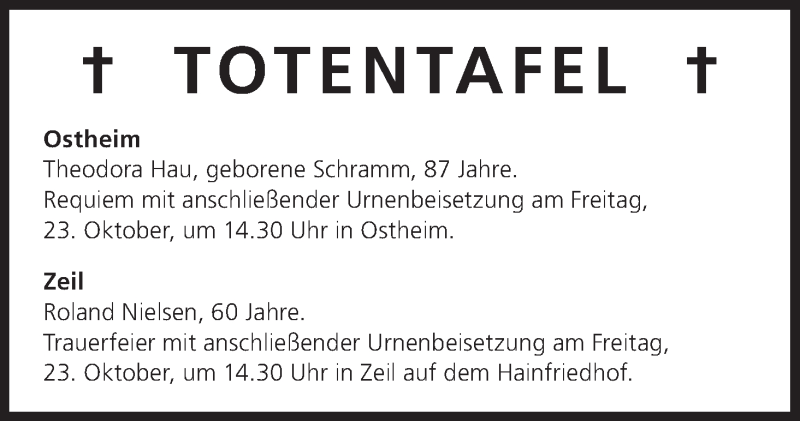  Traueranzeige für Totentafel vom 23.10.2015 vom 23.10.2015 aus MGO