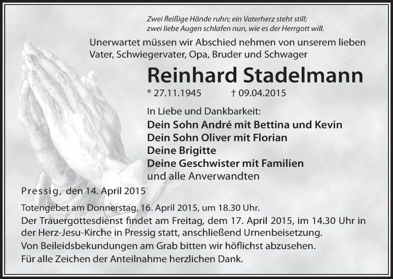  Traueranzeige für Reinhard Stadelmann vom 14.04.2015 aus MGO