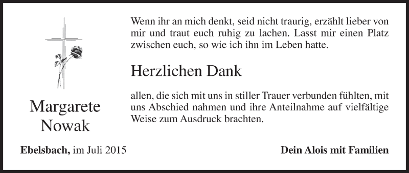  Traueranzeige für Margarete Nowak vom 08.08.2015 aus MGO