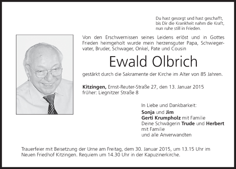  Traueranzeige für Ewald Olbrich vom 24.01.2015 aus MGO