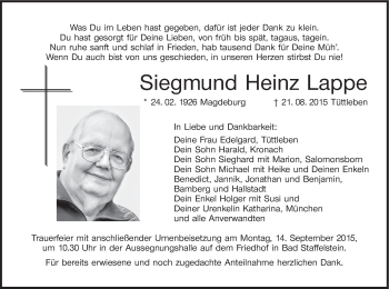 Anzeige von Siegmund Heinz Lappe von MGO