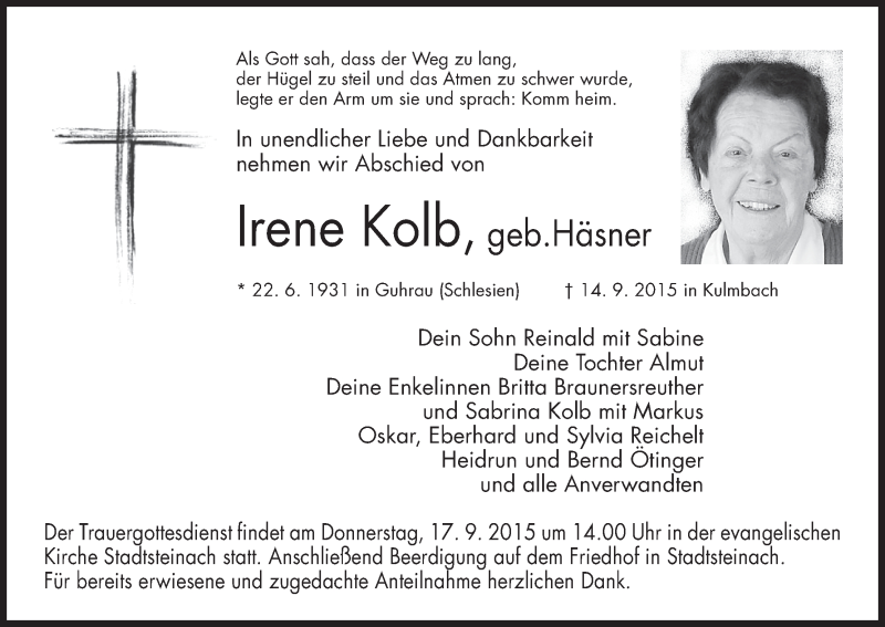  Traueranzeige für Irene Kolb vom 15.09.2015 aus MGO