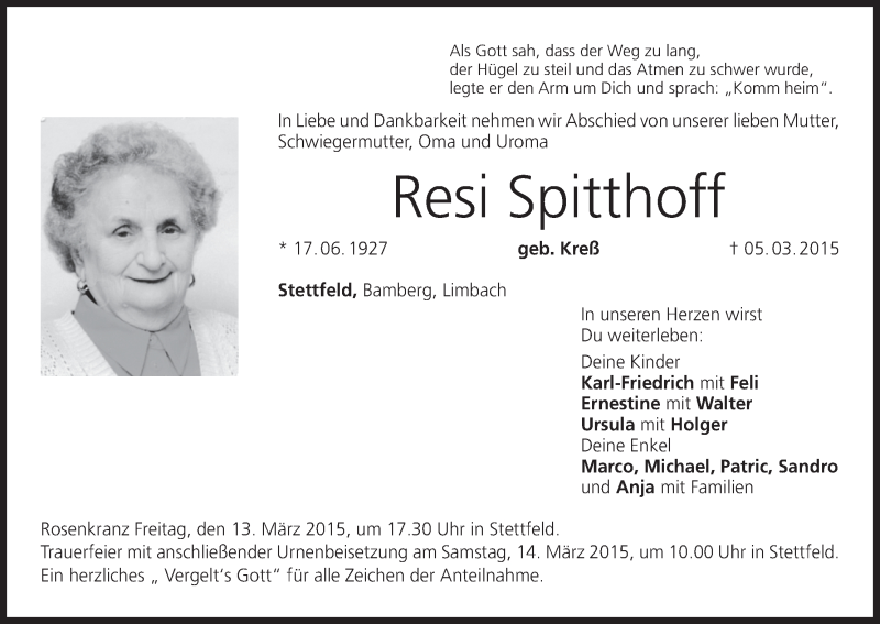  Traueranzeige für Resi Spitthoff vom 11.03.2015 aus MGO