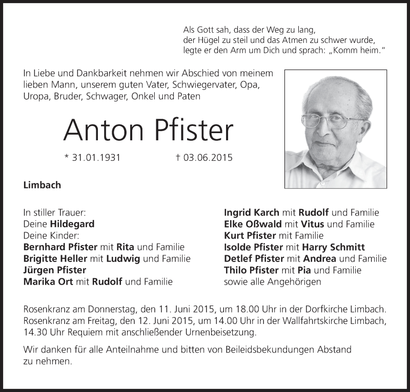  Traueranzeige für Anton Pfister vom 10.06.2015 aus MGO