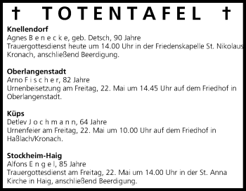 Anzeige von Totentafel vom 21.05.2015 von MGO