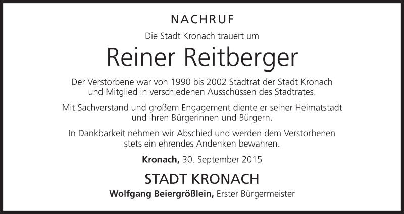  Traueranzeige für Reiner Reitberger vom 30.09.2015 aus MGO