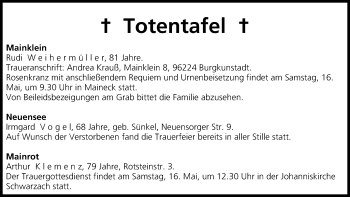 Anzeige von Totentafel vom 16.05.2015 von MGO