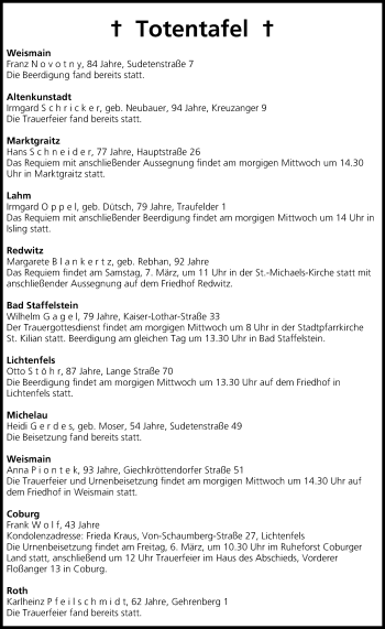 Anzeige von Totentafel vom 03.03.2015 von MGO