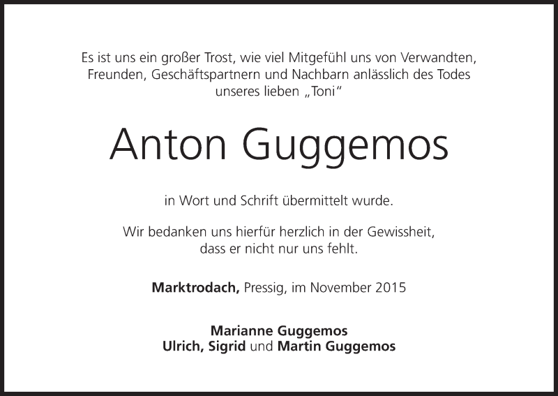  Traueranzeige für Anton Guggemos vom 14.11.2015 aus MGO