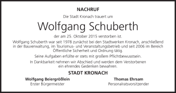 Anzeige von Wolfgang Schuberth von MGO