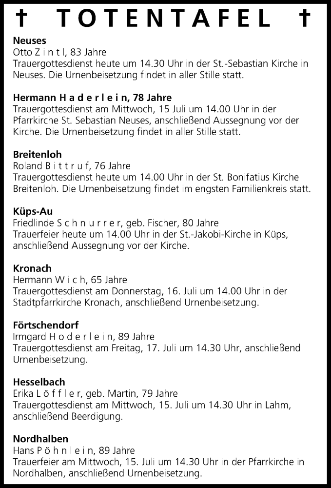  Traueranzeige für Hermann Haderlein vom 14.07.2015 aus MGO