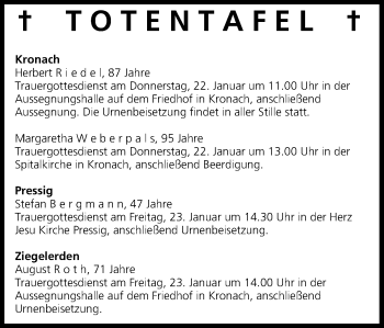 Anzeige von Totentafel vom 21.01.2015 von MGO