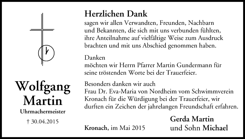  Traueranzeige für Wolfgang Martin vom 20.05.2015 aus MGO