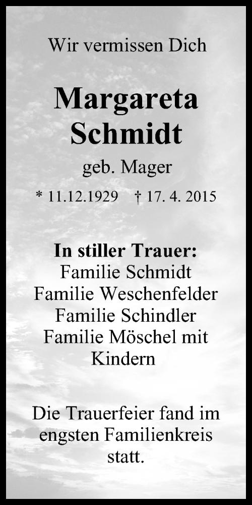  Traueranzeige für Margareta Schmidt vom 24.04.2015 aus MGO