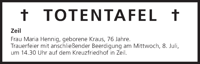  Traueranzeige für Maria Hennig vom 07.07.2015 aus MGO