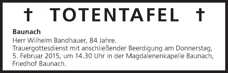  Traueranzeige für Totentafel vom 05.02.2015 vom 05.02.2015 aus MGO
