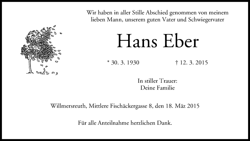  Traueranzeige für Hans Eber vom 18.03.2015 aus MGO