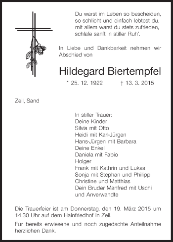 Anzeige von Hildegard Biertempfel von MGO