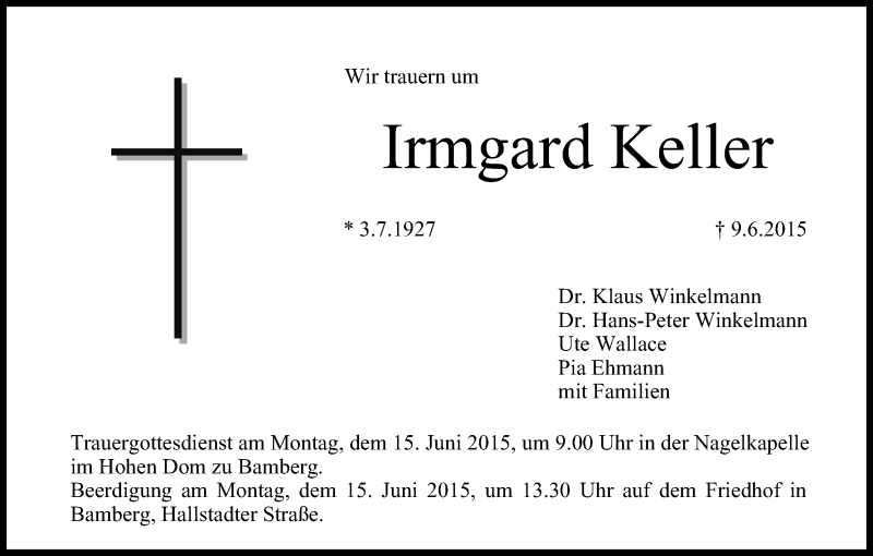  Traueranzeige für Irmgard Keller vom 12.06.2015 aus MGO