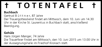 Anzeige von Totentafel vom 10.06.2015 von MGO