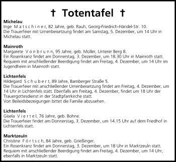 Anzeige von Totentafel vom 03.12.2015 von MGO