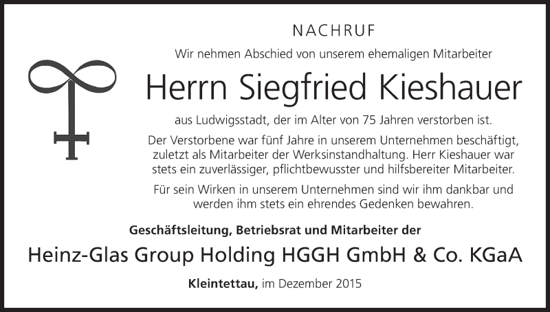  Traueranzeige für Siefried Kieshauer vom 11.12.2015 aus MGO