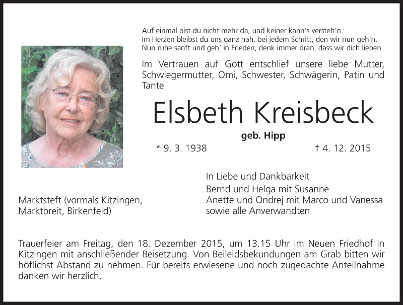  Traueranzeige für Elsbeth Kreisbeck vom 15.12.2015 aus MGO