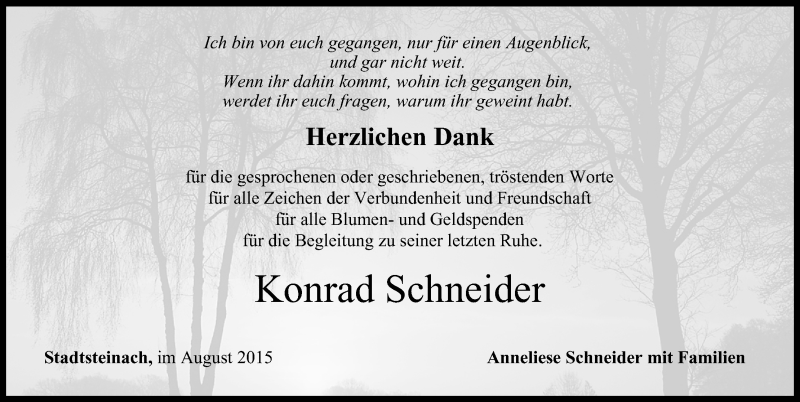  Traueranzeige für Konrad Schneider vom 29.08.2015 aus MGO