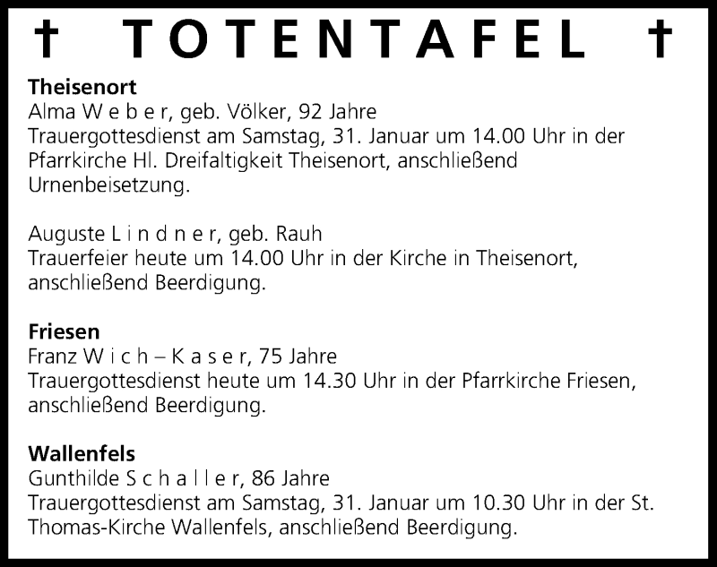  Traueranzeige für Totentafel vom 30.01.2015 vom 30.01.2015 aus MGO