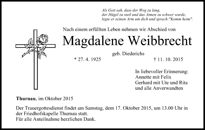  Traueranzeige für Magdalene Weibbrecht vom 13.10.2015 aus MGO