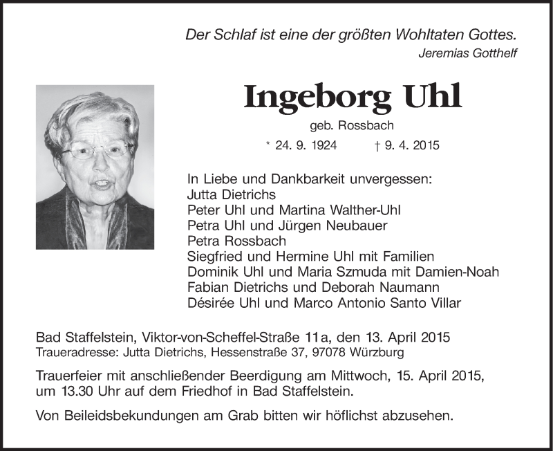  Traueranzeige für Ingeborg Uhl vom 13.04.2015 aus MGO