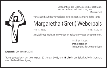 Anzeige von Margaretha Weberpals von MGO