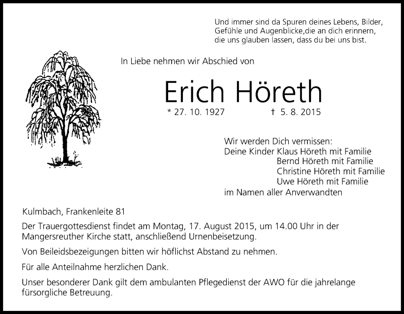  Traueranzeige für Erich Höreth vom 13.08.2015 aus MGO