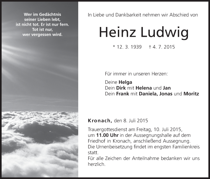  Traueranzeige für Heinz Ludwig vom 08.07.2015 aus MGO