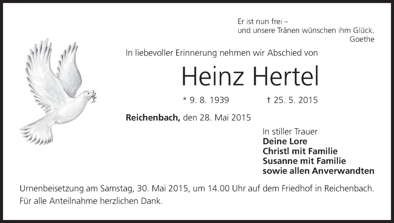  Traueranzeige für Heinz Hertel vom 28.05.2015 aus MGO
