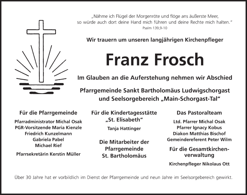  Traueranzeige für Franz Frosch vom 23.10.2015 aus MGO