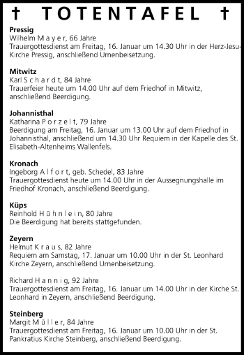 Anzeige von Totentafel vom 15.01.2015 von MGO