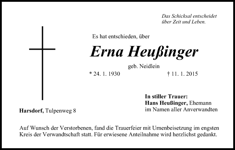  Traueranzeige für Erna Heußinger vom 31.01.2015 aus MGO