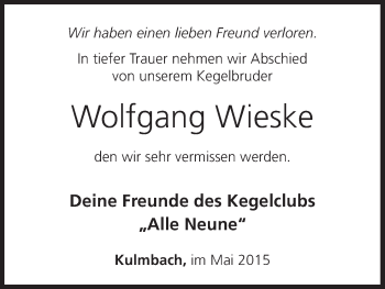 Anzeige von Wolfgang Wieske von MGO