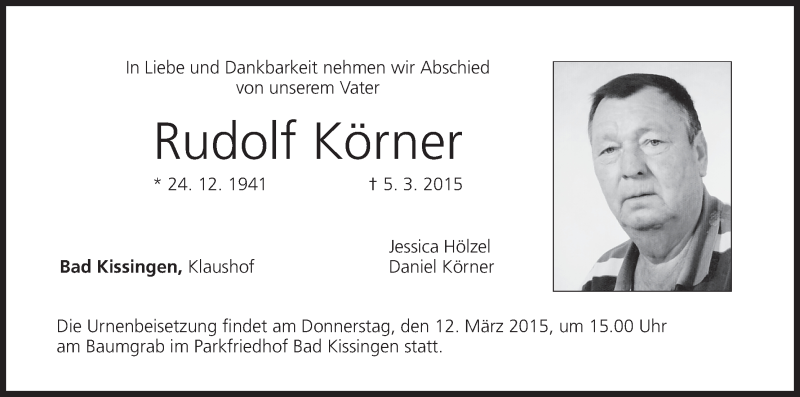  Traueranzeige für Rudolf Körner vom 10.03.2015 aus MGO
