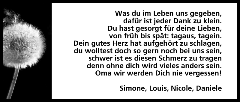  Traueranzeige für Oma  vom 22.01.2015 aus MGO