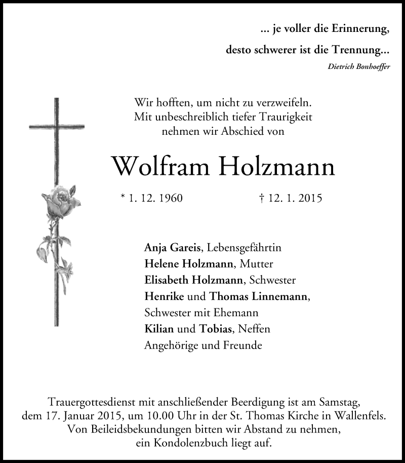  Traueranzeige für Wolfram Holzmann vom 15.01.2015 aus MGO