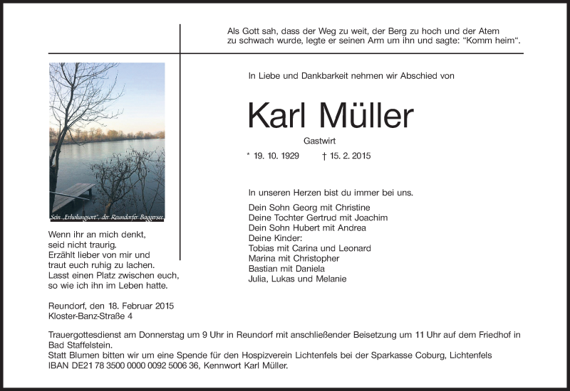  Traueranzeige für Karl Müller vom 18.02.2015 aus MGO