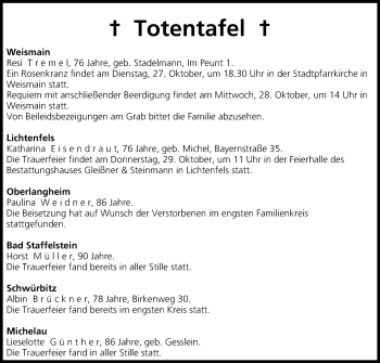 Anzeige von Totentafel vom 27.10.2015 von MGO