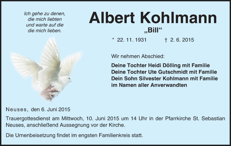  Traueranzeige für Albert Kohlmann vom 06.06.2015 aus MGO