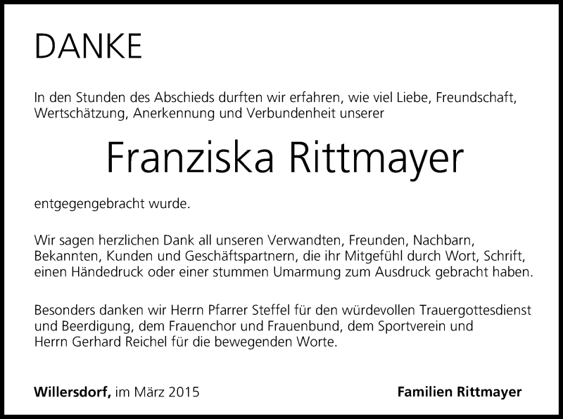  Traueranzeige für Franziska Rittmayer vom 21.03.2015 aus MGO