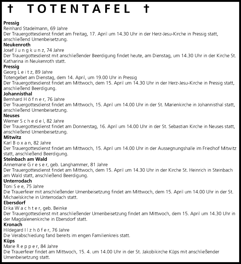  Traueranzeige für Totentafel vom 14.04.2015 vom 14.04.2015 aus MGO