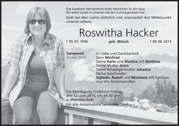 Anzeige von Roswitha Hacker von MGO