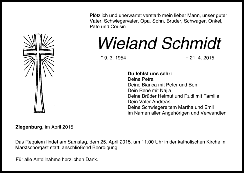  Traueranzeige für Wieland Schmidt vom 23.04.2015 aus MGO