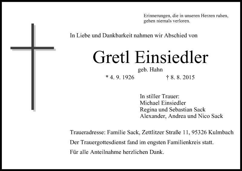  Traueranzeige für Gretl Einsiedler vom 14.08.2015 aus MGO